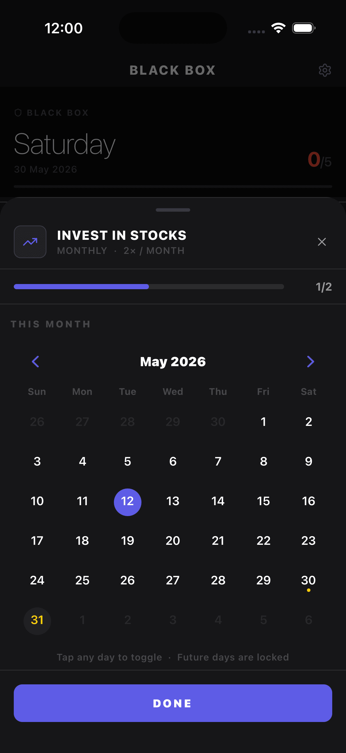 Black Box calendar view showing monthly habit completion with tappable days