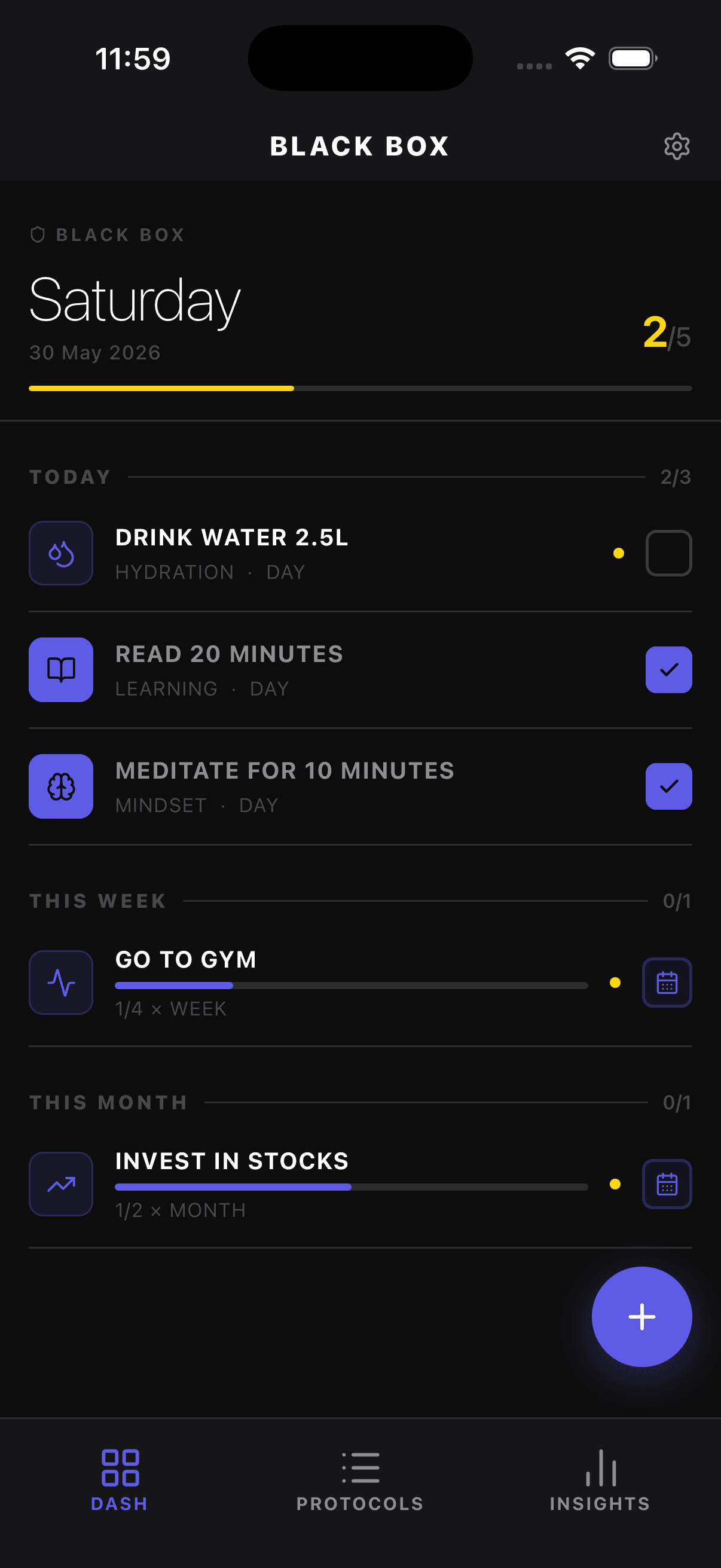 Black Box dashboard showing today's habits with completion status and streak count