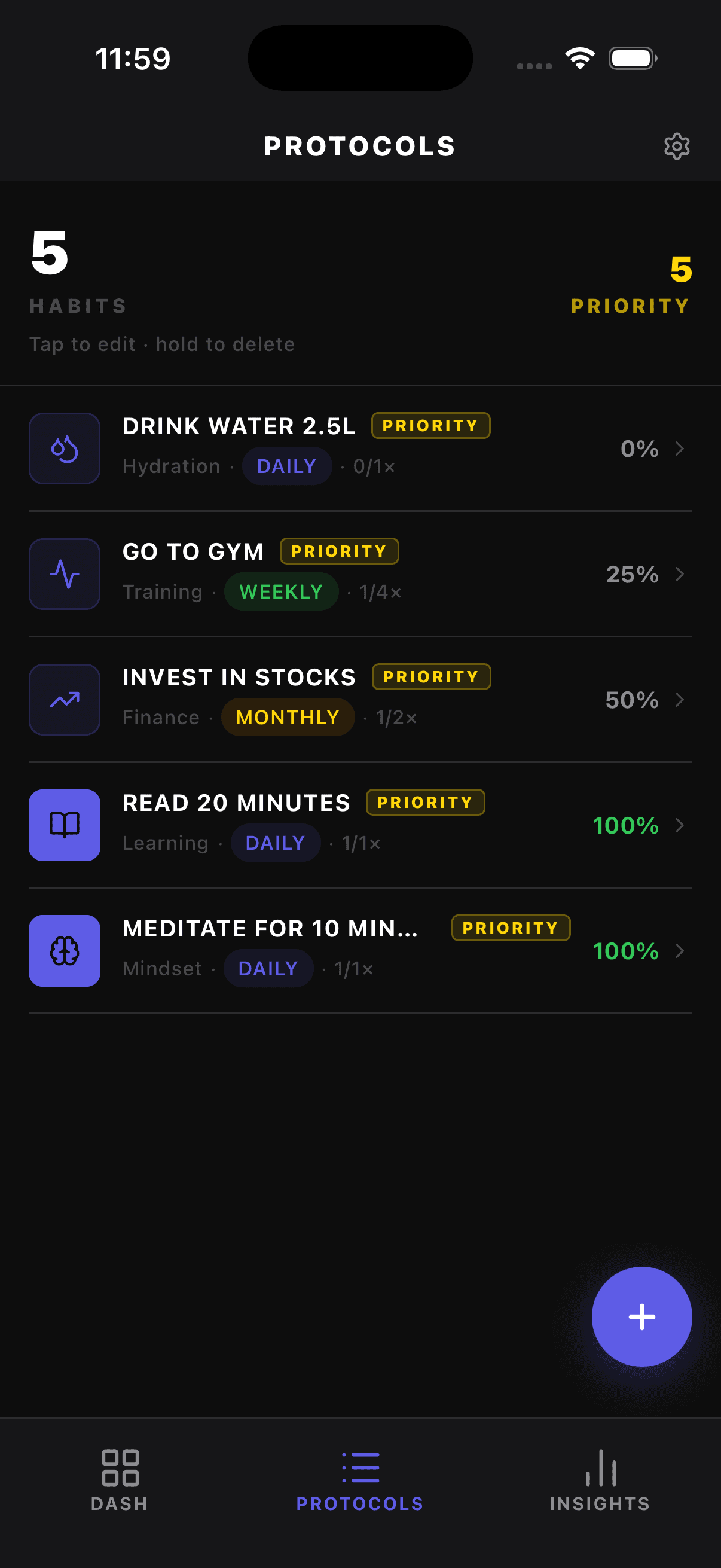 Black Box habit list showing all tracked habits with frequency and status